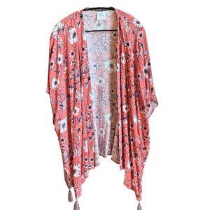 KNOX ROSE Floral Kimono Cape Womens M/L Boho Festival Resort Tassels Coral Blue
